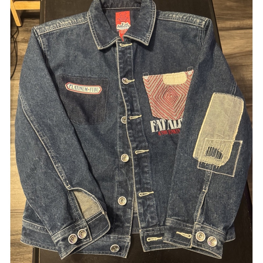 FUBU Platinum Vtg Jacket Fat Albert Junkyard Gang Denim Button Size 10-12 Y2K